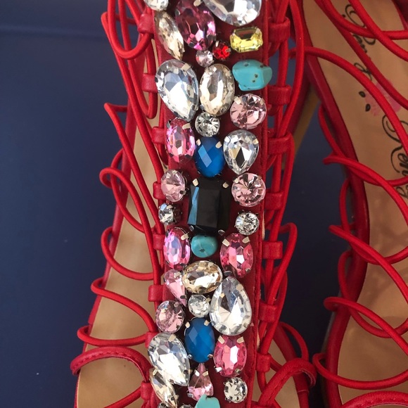 Red stretchy strappy sandals with multi stones - Picture 2 of 5